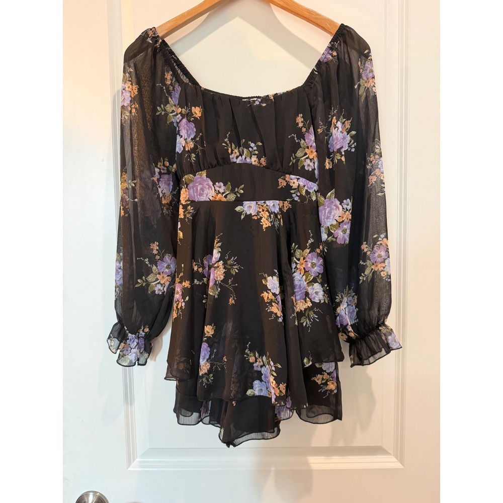 Allison + Kelly Black Floral Long Sleeve Romper Square Neck Tiered Ruffle Sz 14